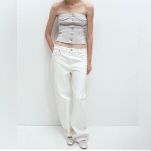NWT ZARA Women Strapless Button Front Corset Style Denim Cropped Top Sz S Silver